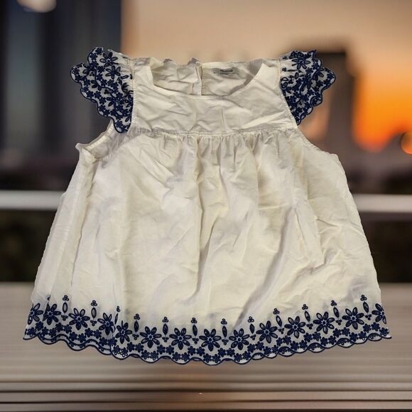 Madewell Womens Blouse White Blue Floral Scoop Embroidered Eyelets Size 12 - Picture 1 of 16